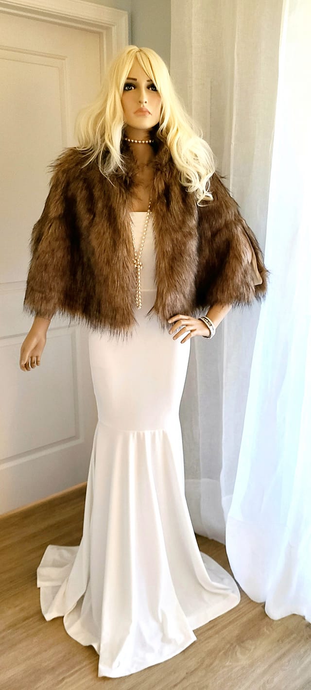 Vintage Brown Tion Design Faux Fur Bolero Wedding Jacket 